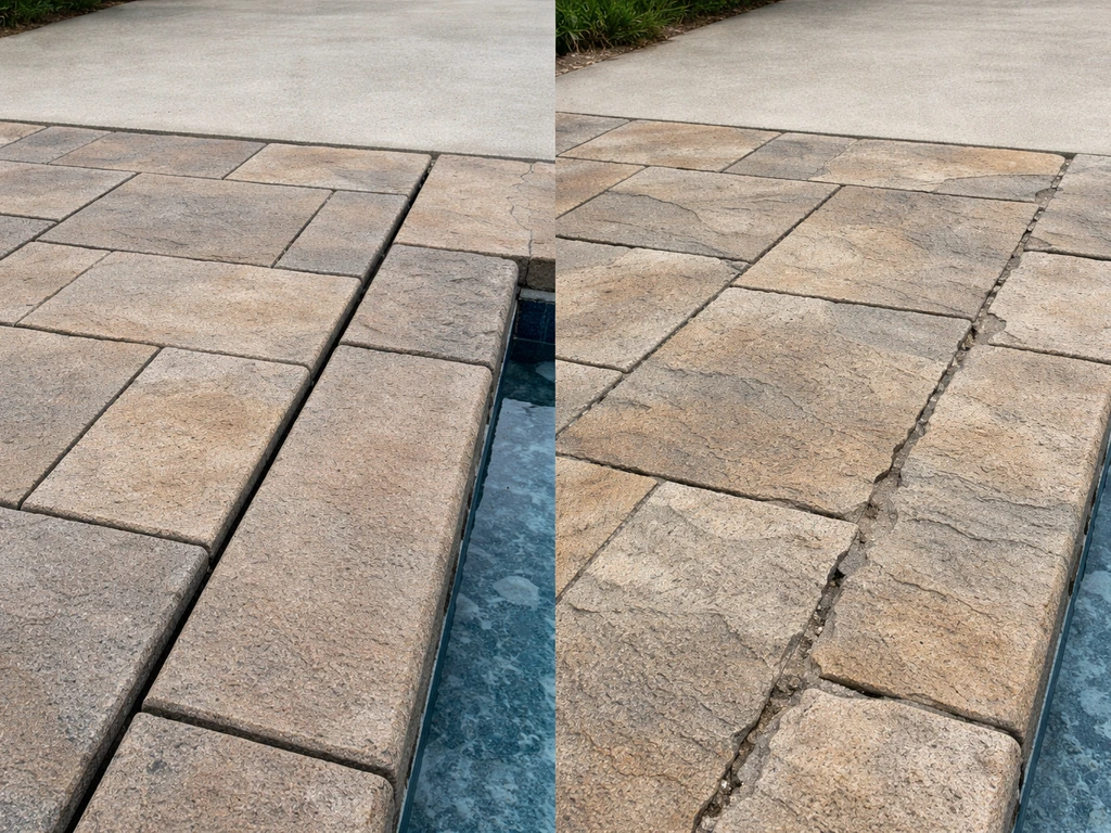 Two adjacent patio/pool finish samples showing clean edging versus uneven, sloppy workmanship.