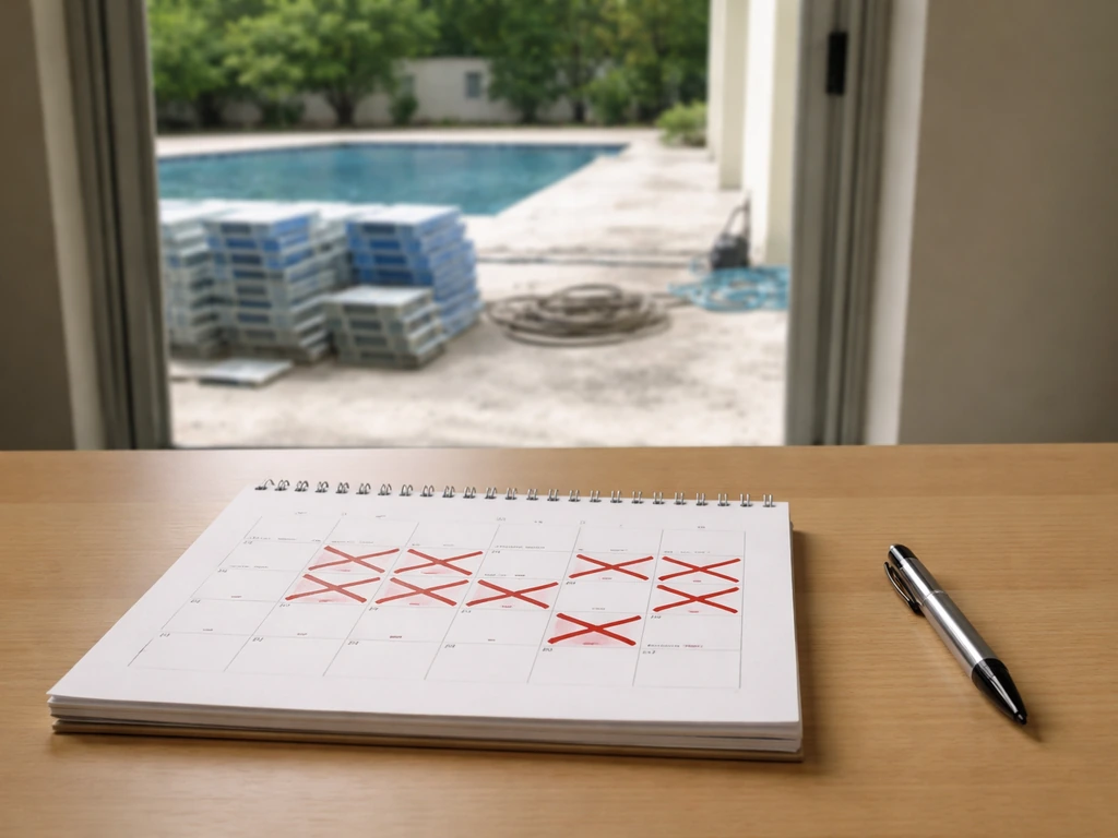 Overhead view of a desk calendar with blocked dates next to on-site pool materials, crews absent