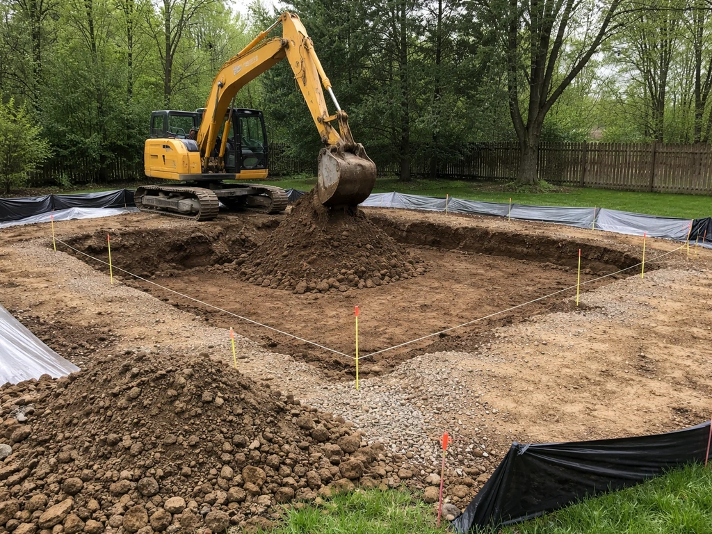 Yellow excavator digging for a new inground pool with marked layout and sediment control fencing