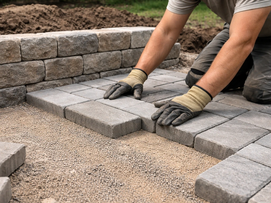 Worker laying pavers on a partially built patio base with a short retaining wall segment nearby.