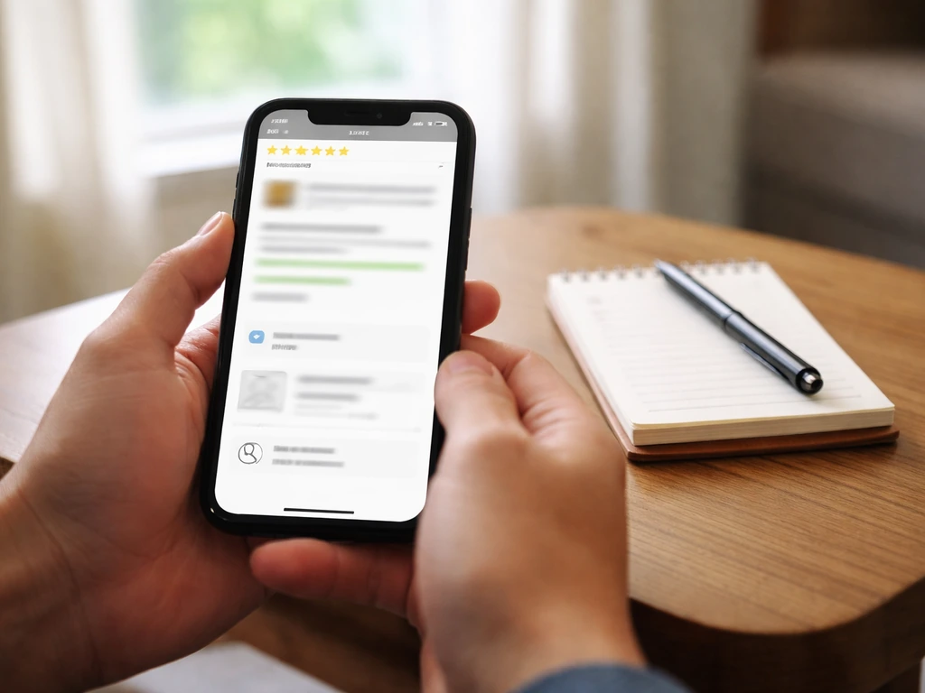 Hands holding a smartphone with a blurred contractor review listing layout for verification tips.
