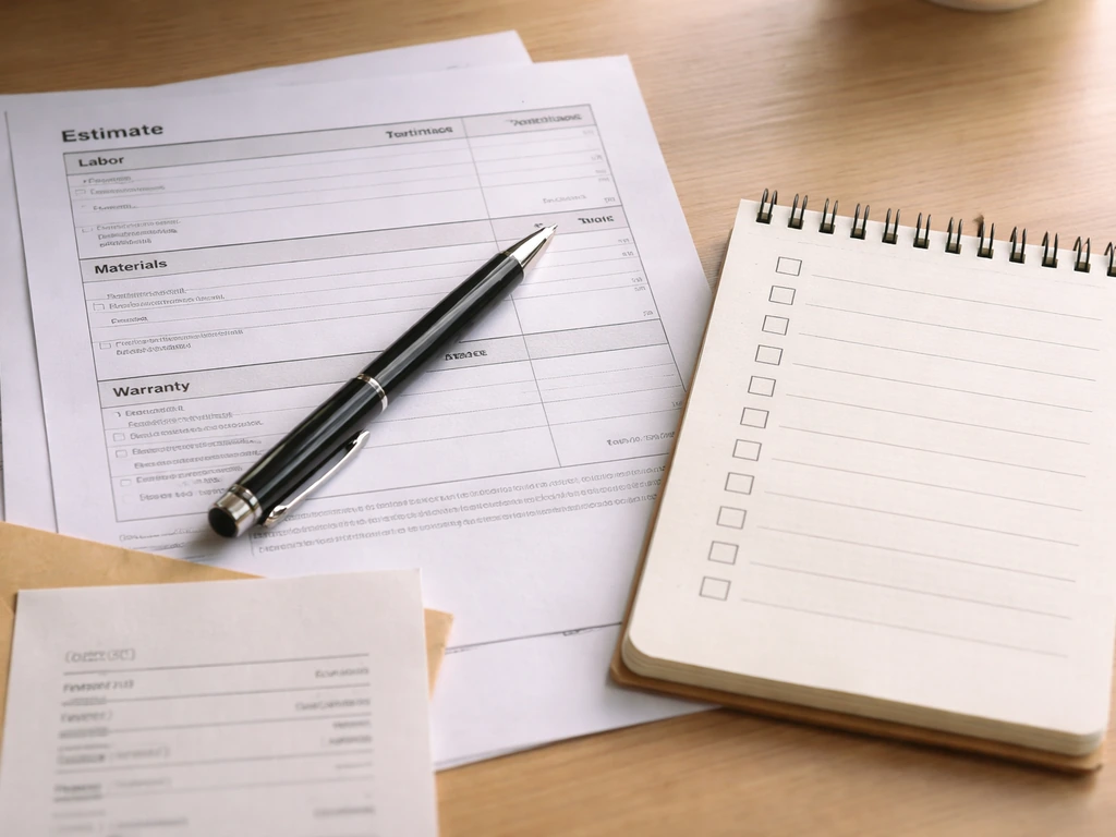 Close-up of estimate papers with warranty line items beside an unanswered checklist on a desk.