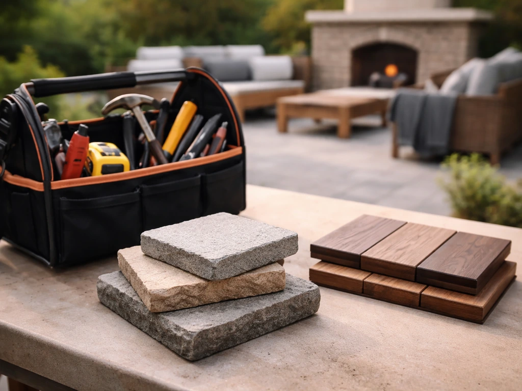 Minimal photo of an outdoor patio contractor workspace with tools and a selection of outdoor materials.