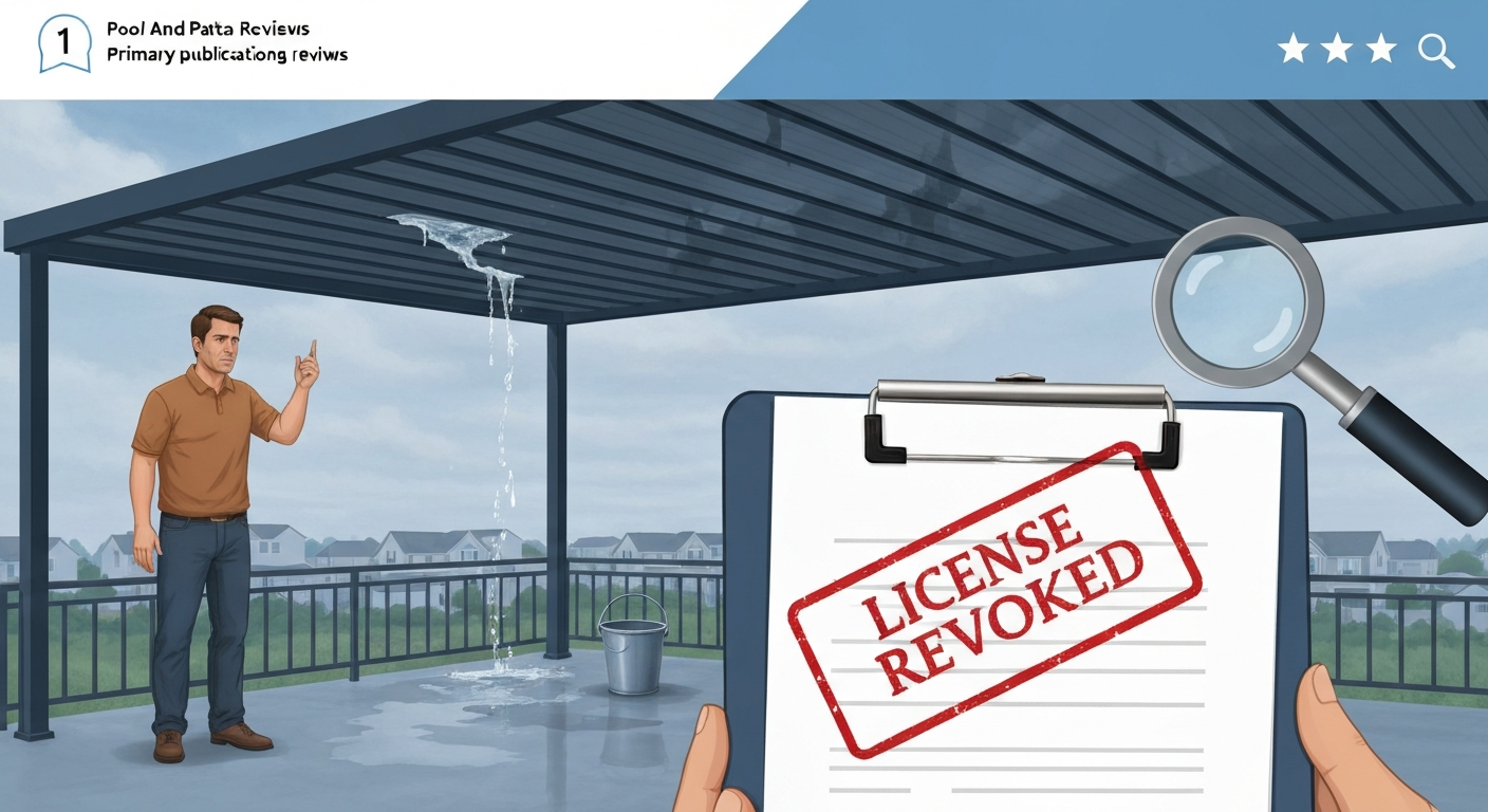 Editorial illustration of homeowner inspecting a leaking patio cover with a red 'LICENSE REVOKED' stamp and a 1-star review icon.