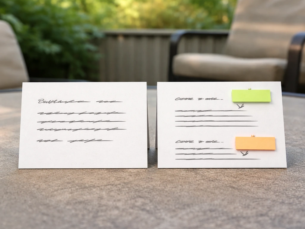 Outdoor table with two blank review cards and sticky-note callouts suggesting specific vs vague details.