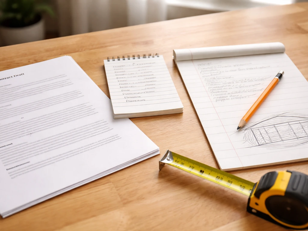 Homeowner’s pre-hire packet on a table: contract draft, question list, notes, and measuring tape for a patio project.