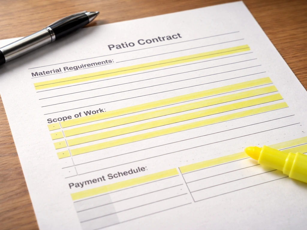 Close-up of a written patio contract on a desk with highlighted material specs, scope line items, and payment terms.