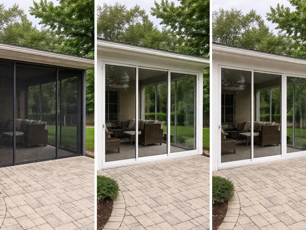 Three side-by-side patio enclosure styles: screened porch, windowed enclosure, and insulated glass room.
