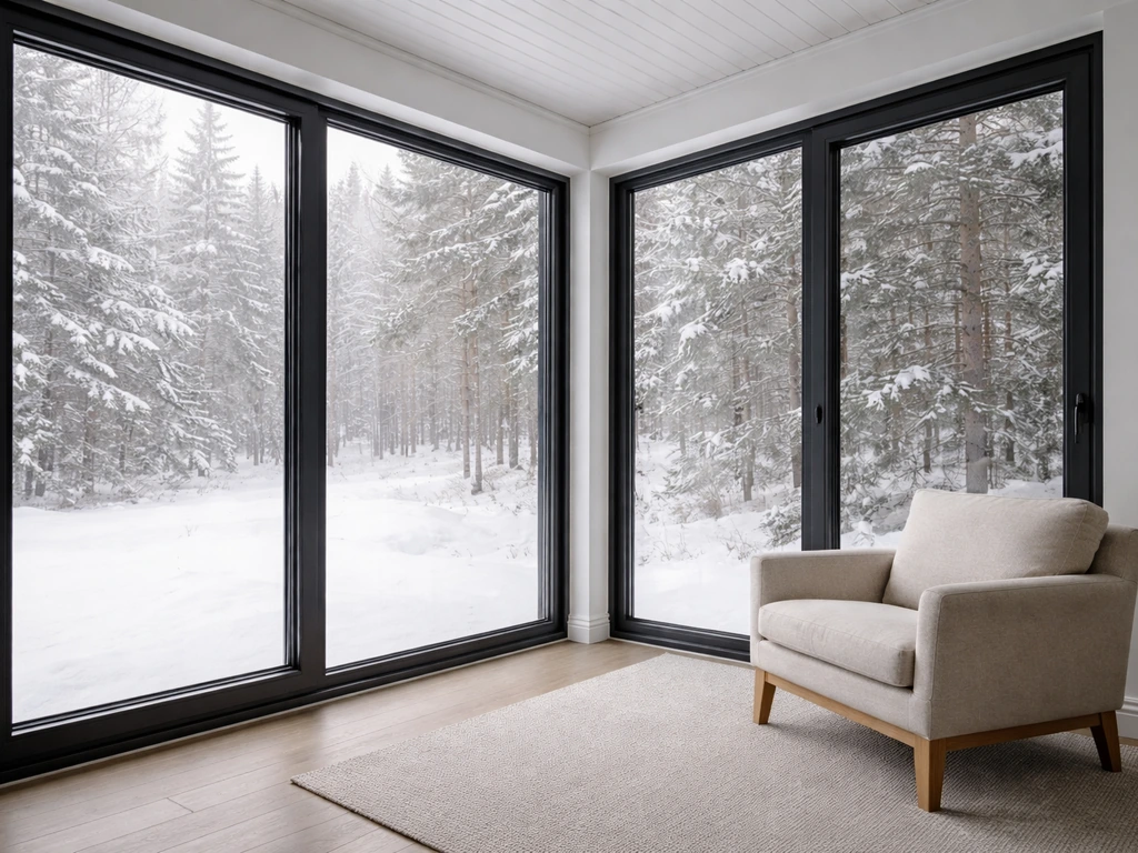 Bright four-season sunroom with insulated glass windows and a thermally broken frame in winter light.