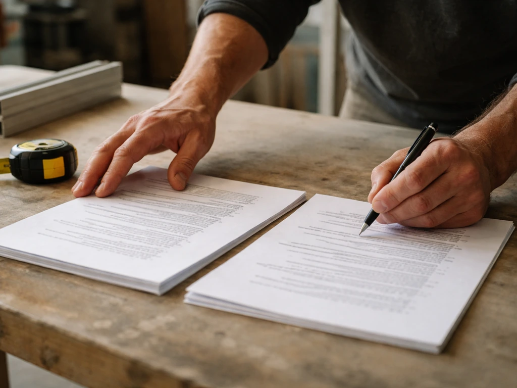 Tradesperson’s hands comparing contract bid scopes on a table with a nearby measuring tape and frame piece.