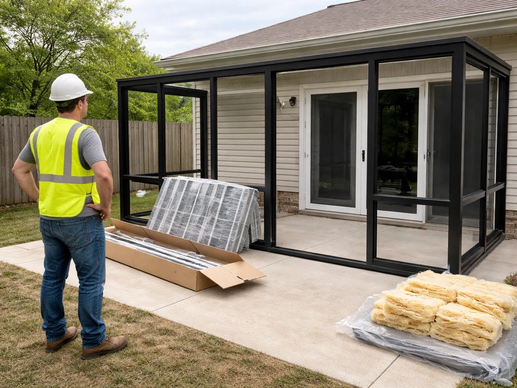 Anonymous worker next to an unfinished patio enclosure with missing frame sections and wrapped materials suggesting dela