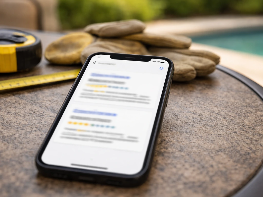 Close-up of a smartphone showing blurred side-by-side search results for similar pool and patio contractors.