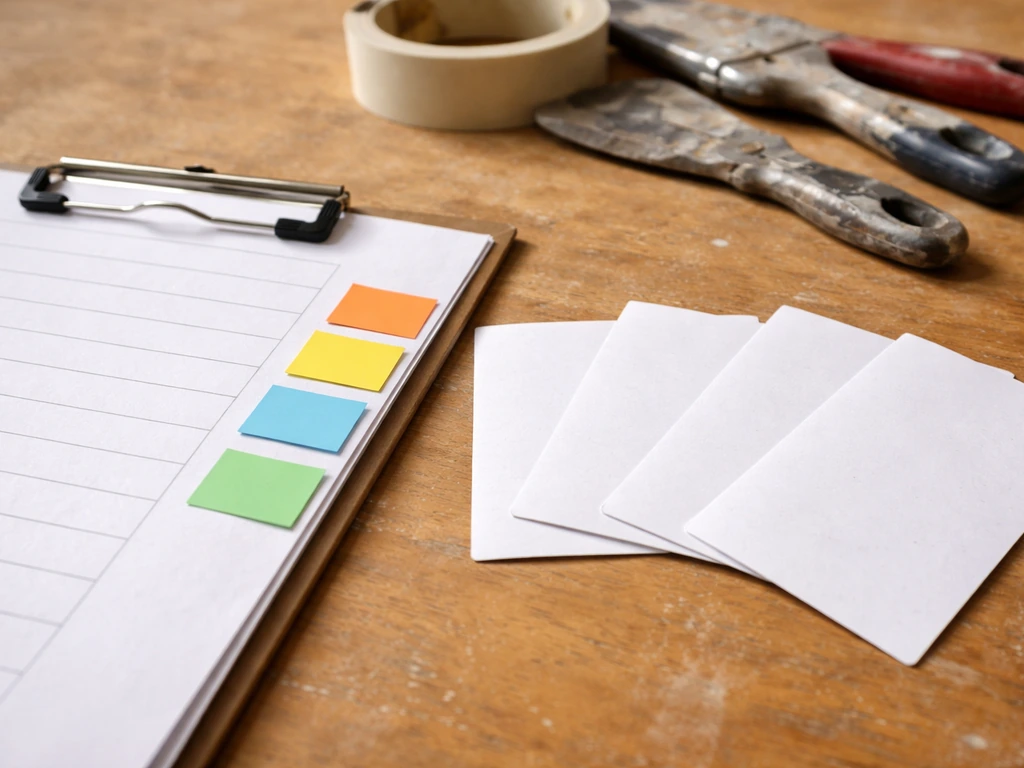 Minimal workbench scene with blank rating cards and tools suggesting contractor category comparisons.