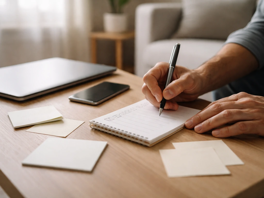 Homeowner reviewing a hiring checklist on a notepad during a pre-hire contractor meeting