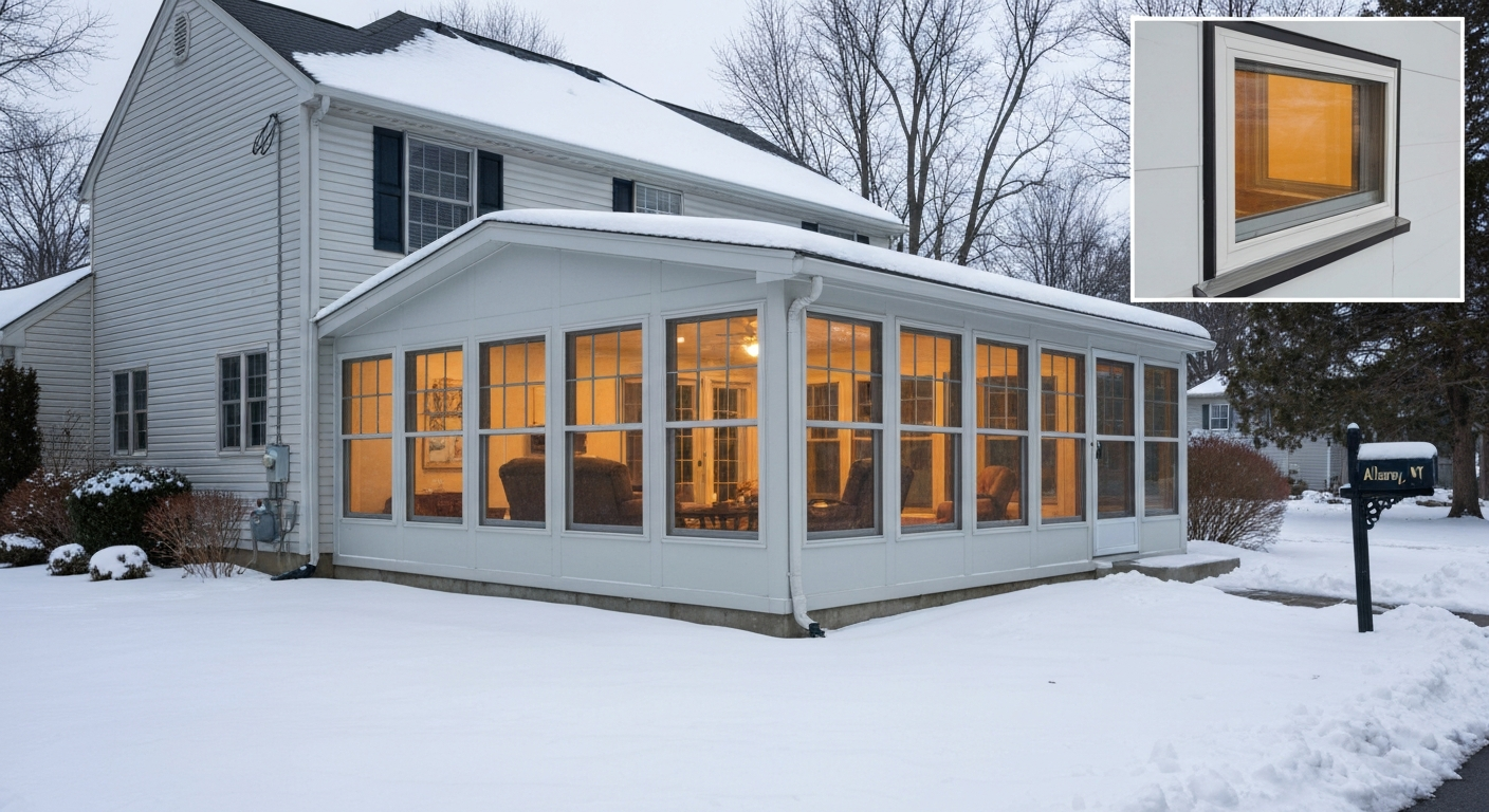 Photorealistic exterior of a four-season sunroom on a snow-covered Albany home, showing insulated low-E windows, thermally broken frames, and properly flashed house connection.