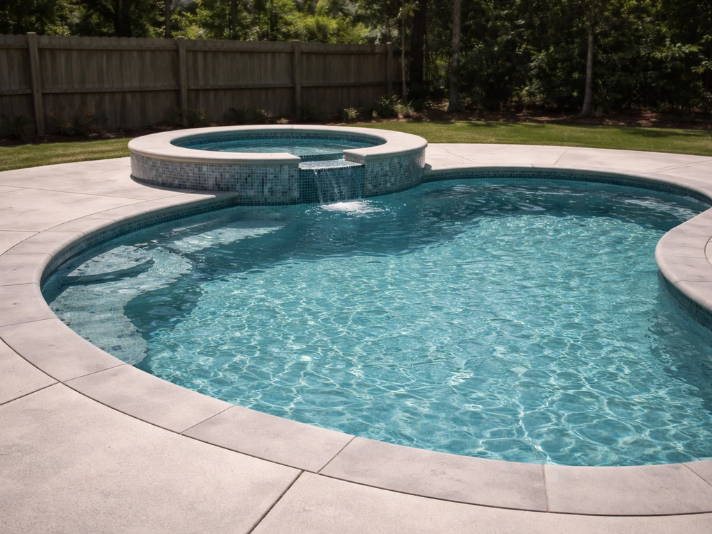 Finished custom gunite pool with a connected spa and patio in a quiet backyard.