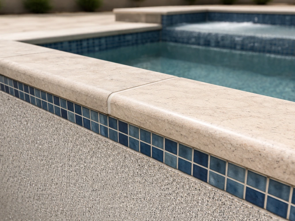 Close-up of a gunite pool surface with neat tile and coping edges, showing premium craftsmanship detail