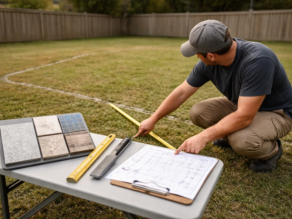 Pool contractor in a backyard measuring a site and reviewing marked plans for a gunite pool quote.