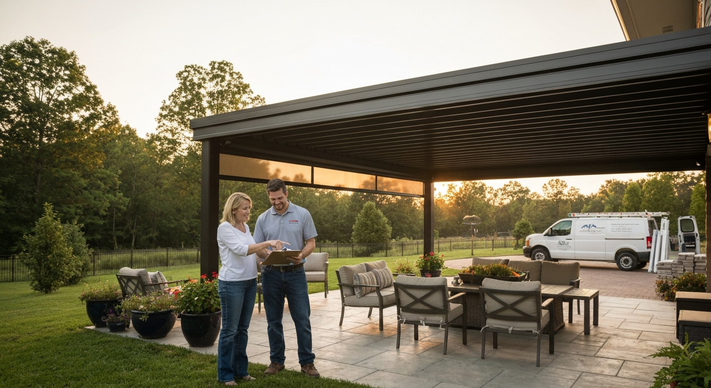Homeowner and contractor reviewing patio plans on a finished covered patio in a suburban backyard.