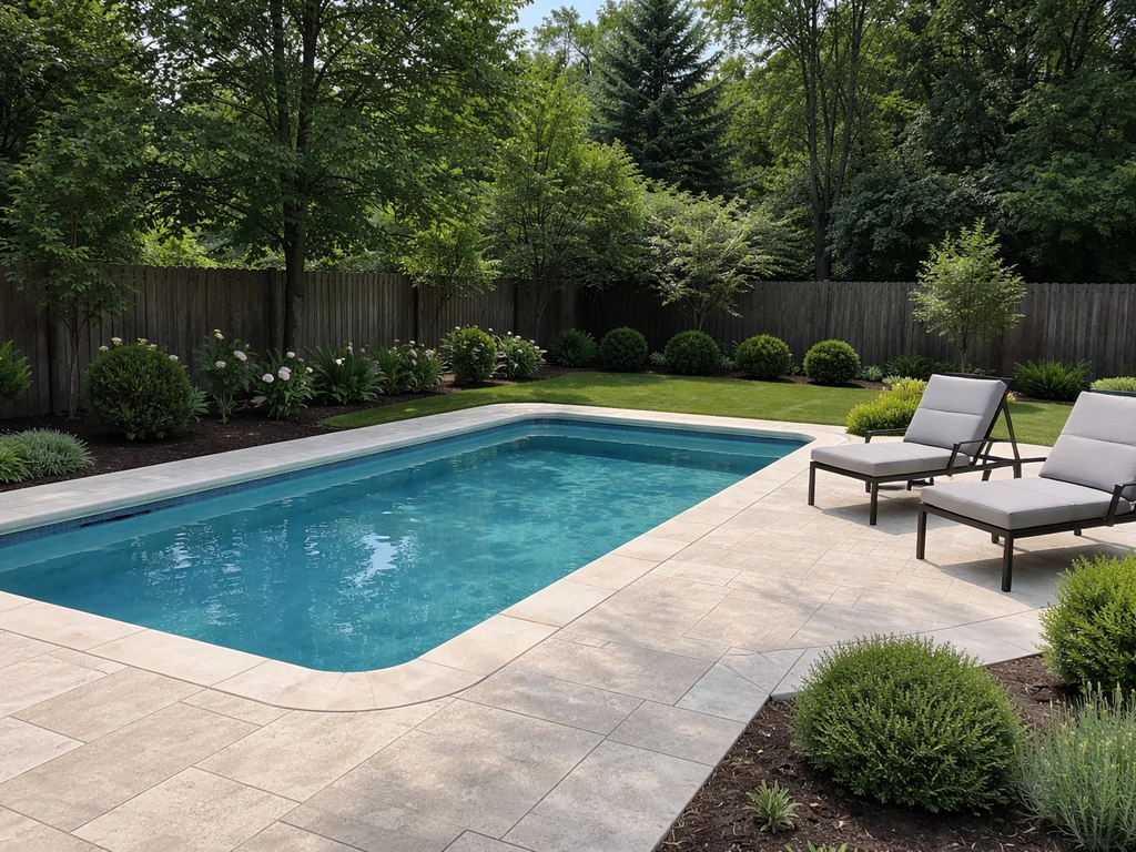Sunny backyard with a finished fiberglass pool, clean deck, and patio seating.