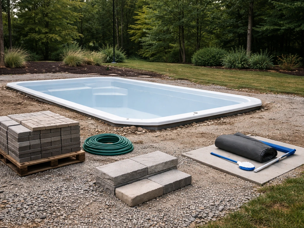 Minimal photo showing an empty backyard with a fiberglass pool shell and patio materials arranged neatly.