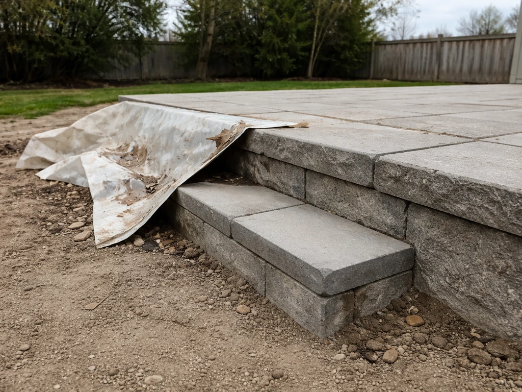 Close view of a misaligned outdoor patio edge and uneven unfinished paving with no people present.
