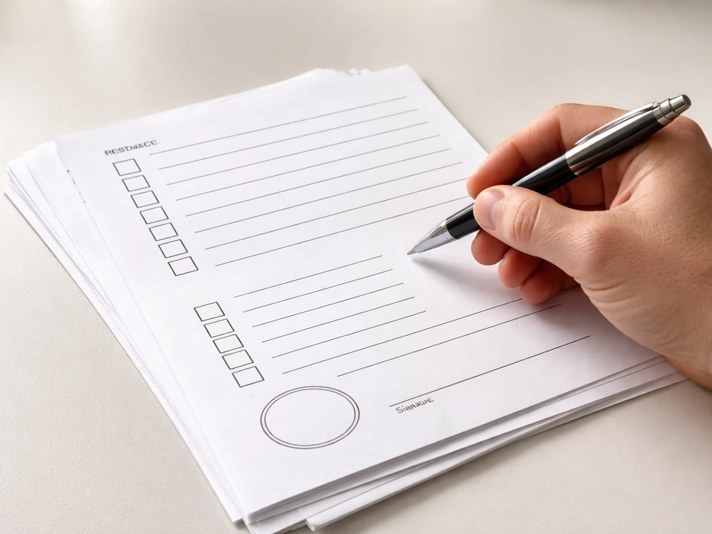 Hand holding a pen reviewing a contractor contract checklist beside a simple request-for-quote document