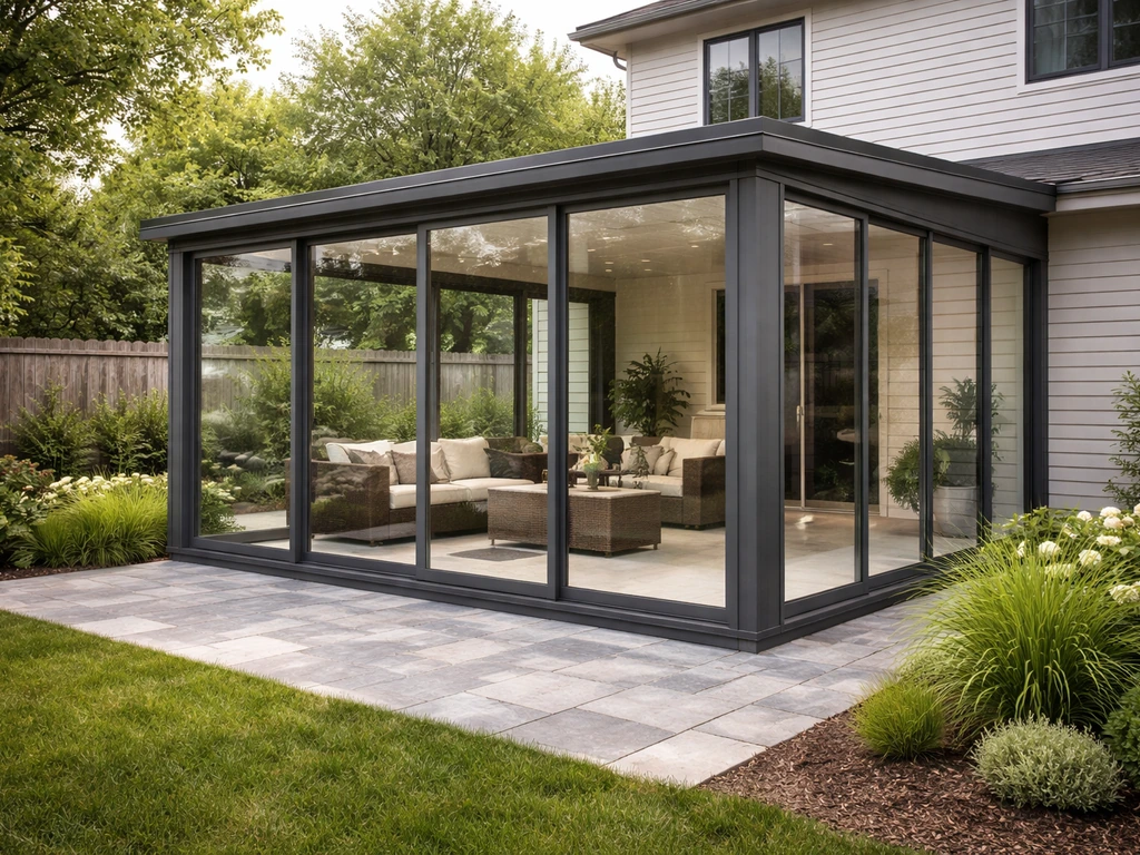 Finished glass patio enclosure with insulated frame and backyard landscaping in soft daylight.