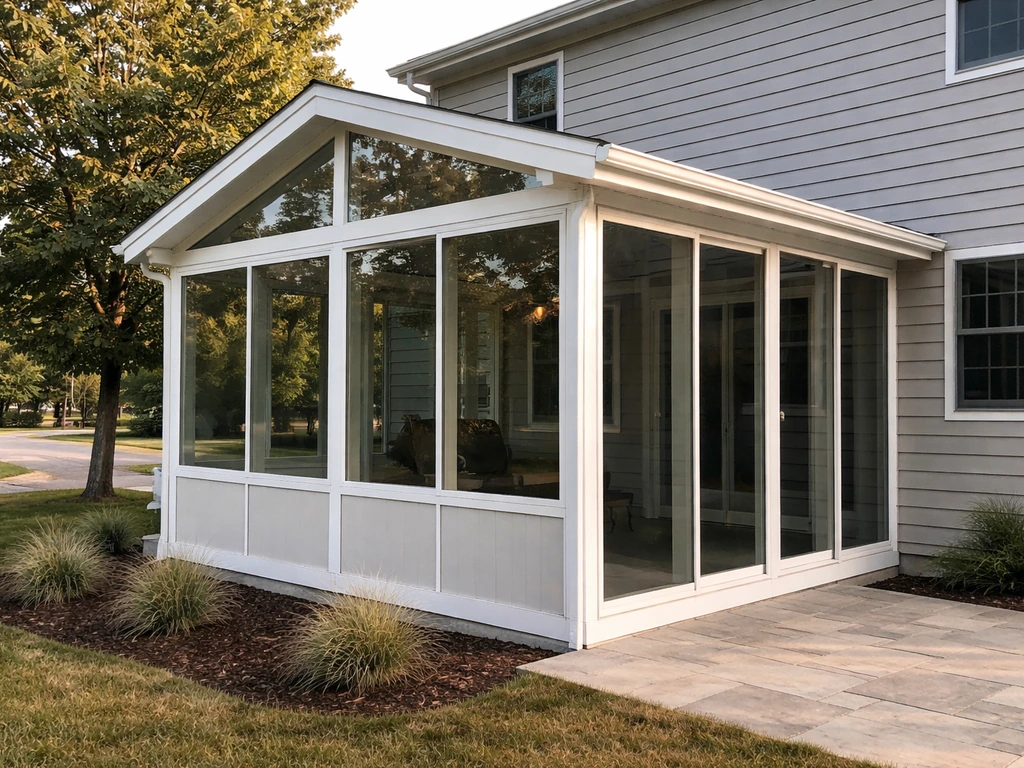 Completed patio enclosure on a home with clear view of the glazed structure and siding