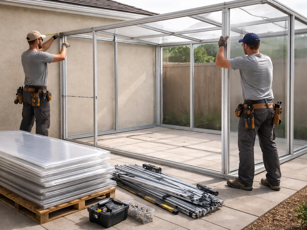 Installers assemble patio enclosure framing and glazing with neatly staged materials and a tidy work area.