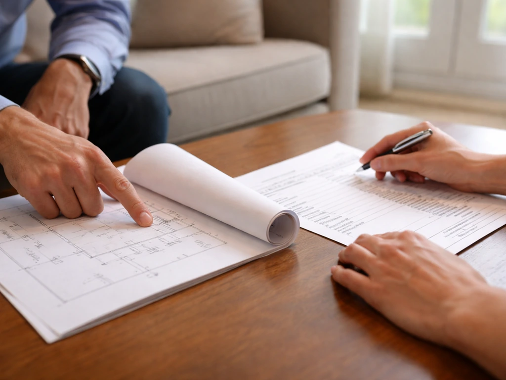 Hands review an itemized patio room estimate while a sales rep points at plan dimensions on a table.