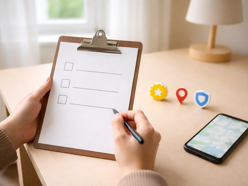 Hands hold a blank checklist with simple star, map pin, and shield icons for pre-sign review checks.