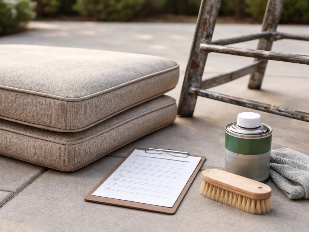 Close-up of patio cushion and metal frame with tools and a blank restoration checklist beside them.