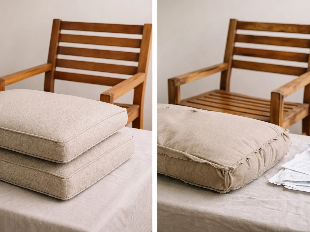 Split tabletop shows clean reupholstered cushions and refinished frame versus mismatched finishes and messy papers.