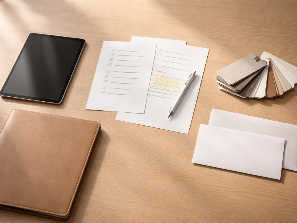 Desk photo with checklist papers and a tablet showing checkmarks, line-item estimate, materials swatches.