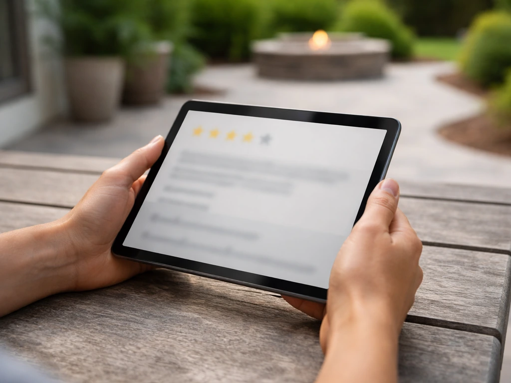 Minimal patio contractor review scene with a neutral tablet showing blurred stars and review count
