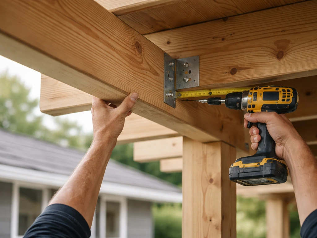 Anonymous installer’s hands measuring and fastening patio cover beams under a covered patio.
