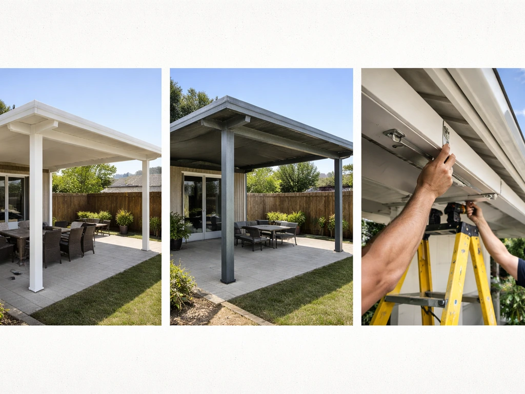 Minimal collage of aluminum and galvanized steel patio covers and a simple patio cover installation scene