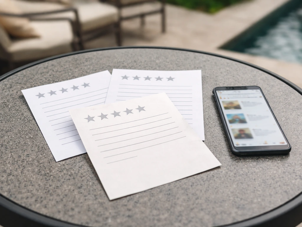 Patio table with scattered review pages and a smartphone showing blurred, unreadable star ratings.