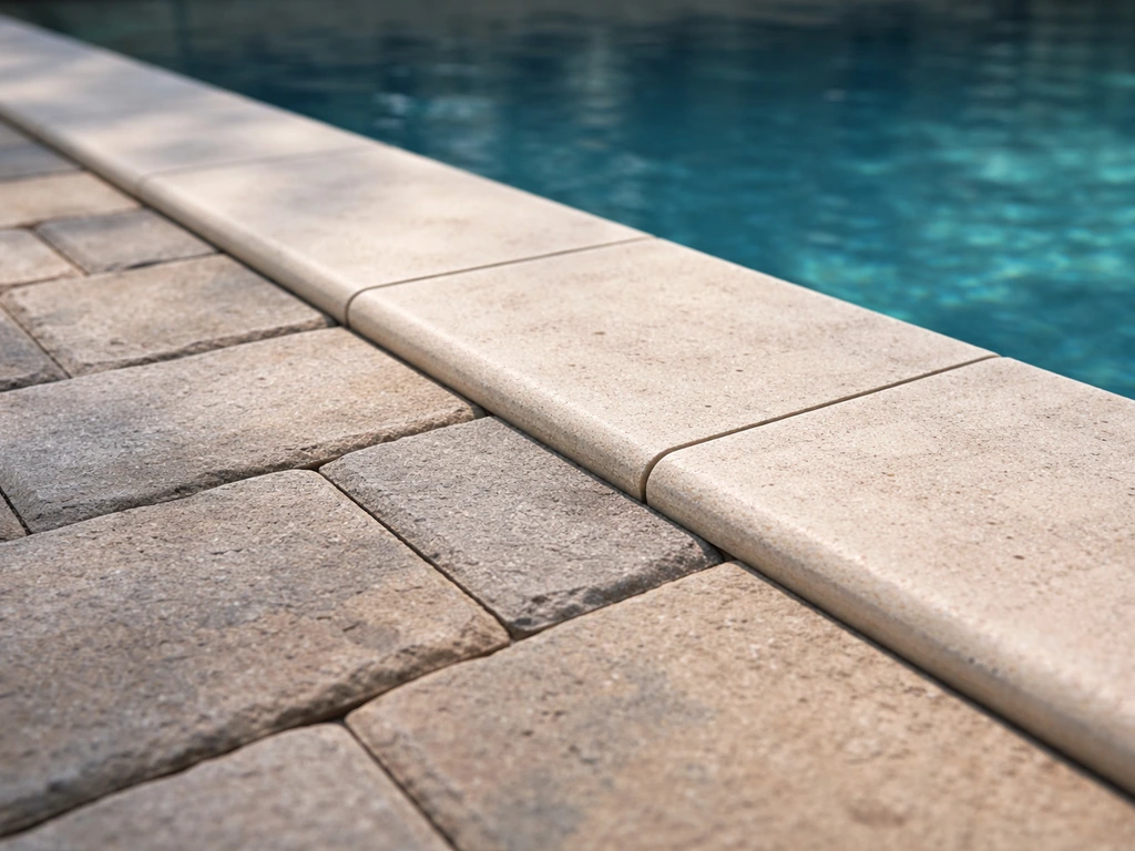Close-up of patio pavers and pool coping with aligned edges and clean grout lines.