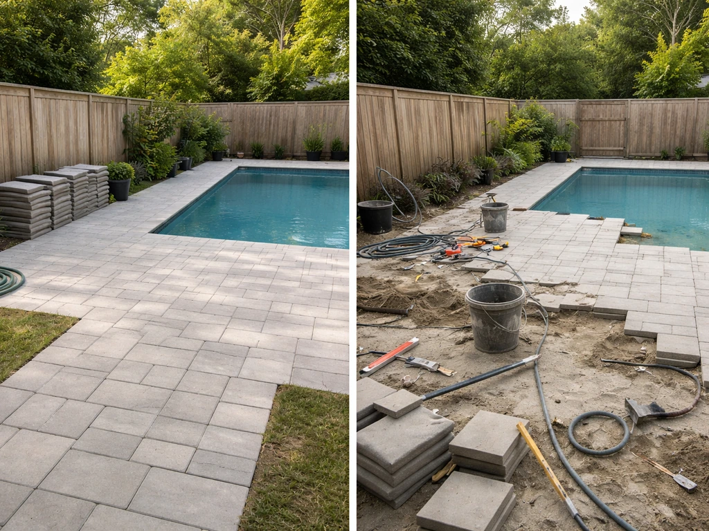 Two-photo split: a tidy patio completed with stacked materials, and an unfinished pool deck with scattered tools.