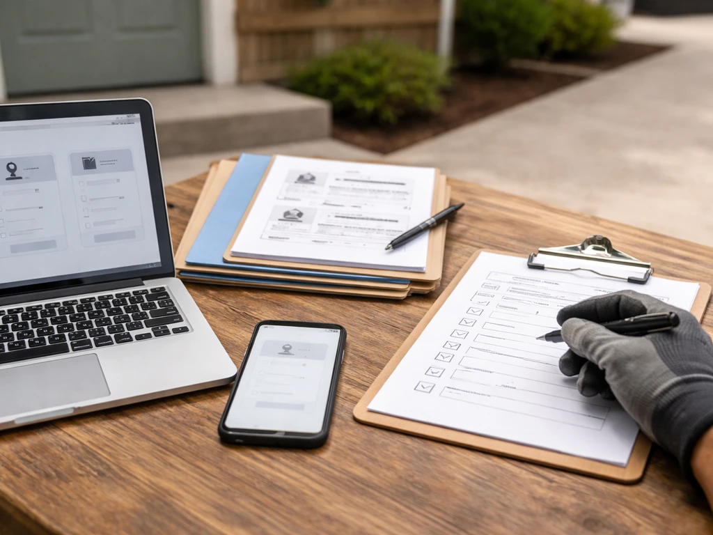 Contractor comparison checklist with license and insurance documents beside a phone showing a generic verification page.
