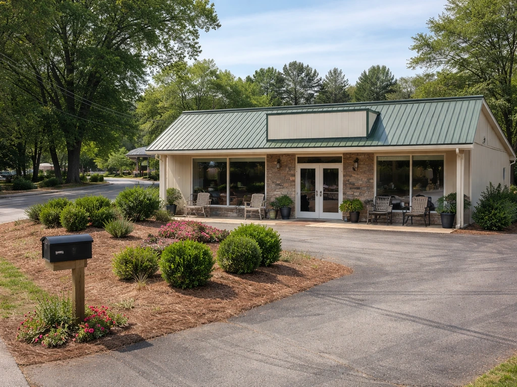 Exterior view of a small family-run home and patio business in Boiling Springs, SC area with clear storefront context.