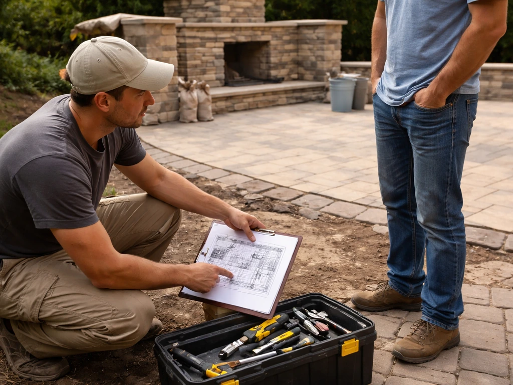 Contractor kneels and explains fireplace/patio components to a homeowner during an on-site consultation.