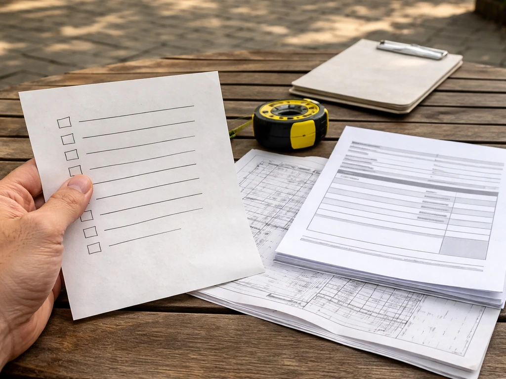 Homeowner hand reviewing prehire questions list beside quote paperwork and measuring tape for patio work