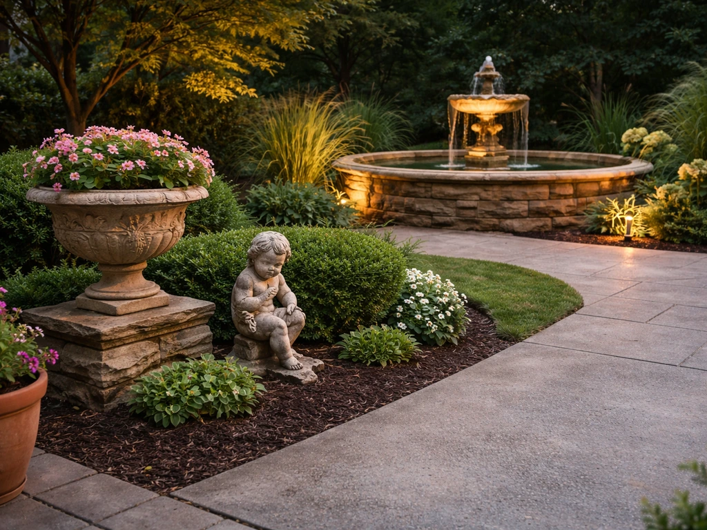 Inviting Texas patio garden with decorative stone statuary and an outdoor fountain installation setup.