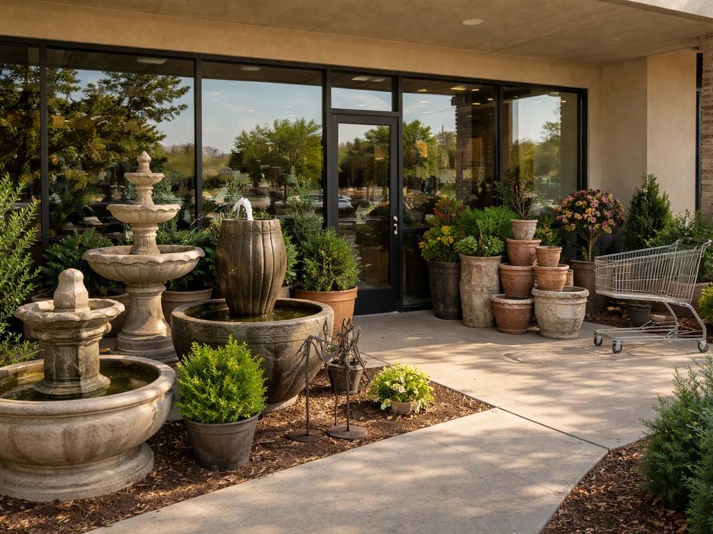 Open-air storefront display with garden fountains and patio decor in a Texas strip-mall setting