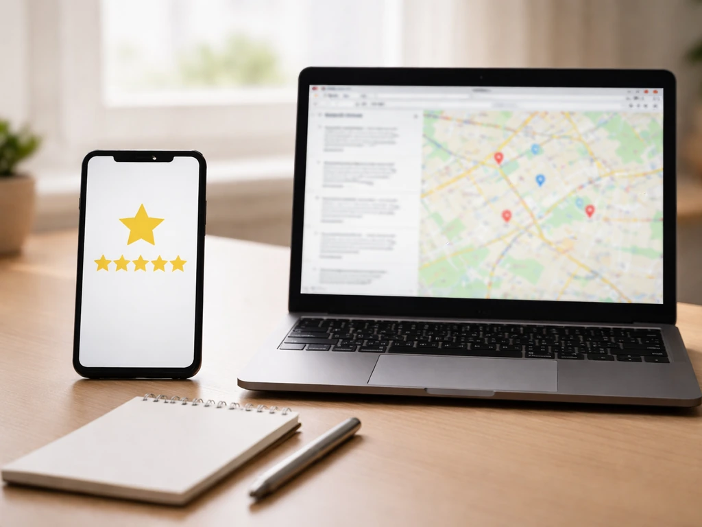 Side-by-side phone and laptop showing generic reviews vs primary platform layout without readable text.