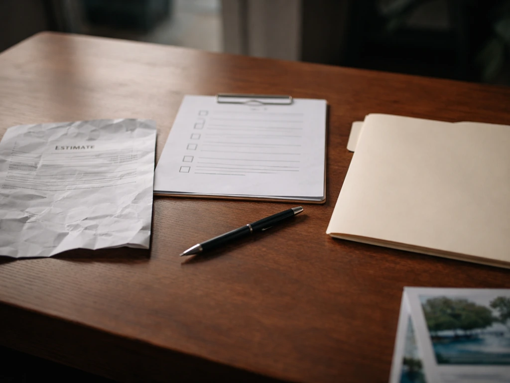 Close-up of an unsigned estimate and vague checklist on a desk with a contract folder nearby