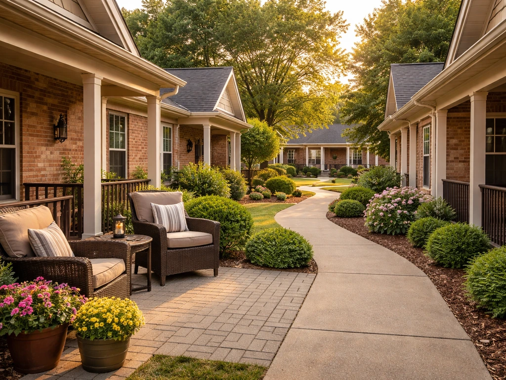 Welcoming one-story patio home community in Lexington with inviting covered porches and landscaped walkways.